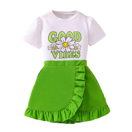 Girls Printed Round Neck Short Sleeves T-shirt With Skirt
