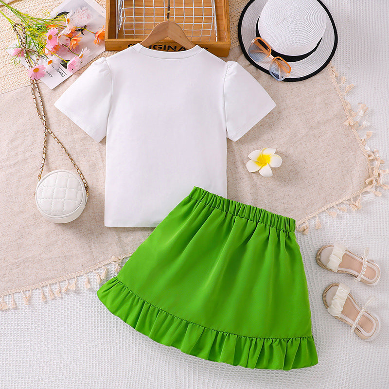 Girls Printed Round Neck Short Sleeves T-shirt With Skirt