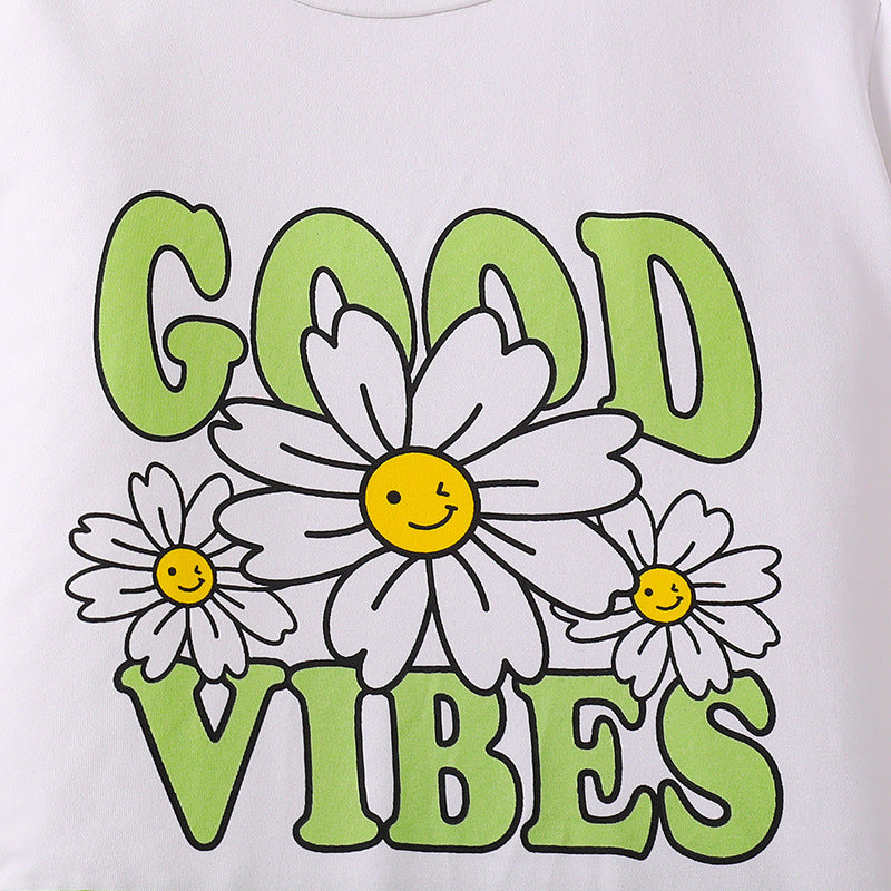 Girls Printed Round Neck Short Sleeves T-shirt With Skirt