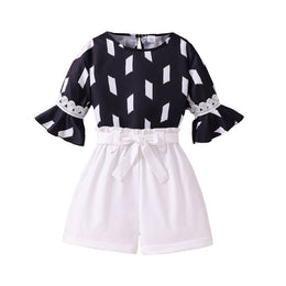 Girls Black & White Printed Top with Shorts
