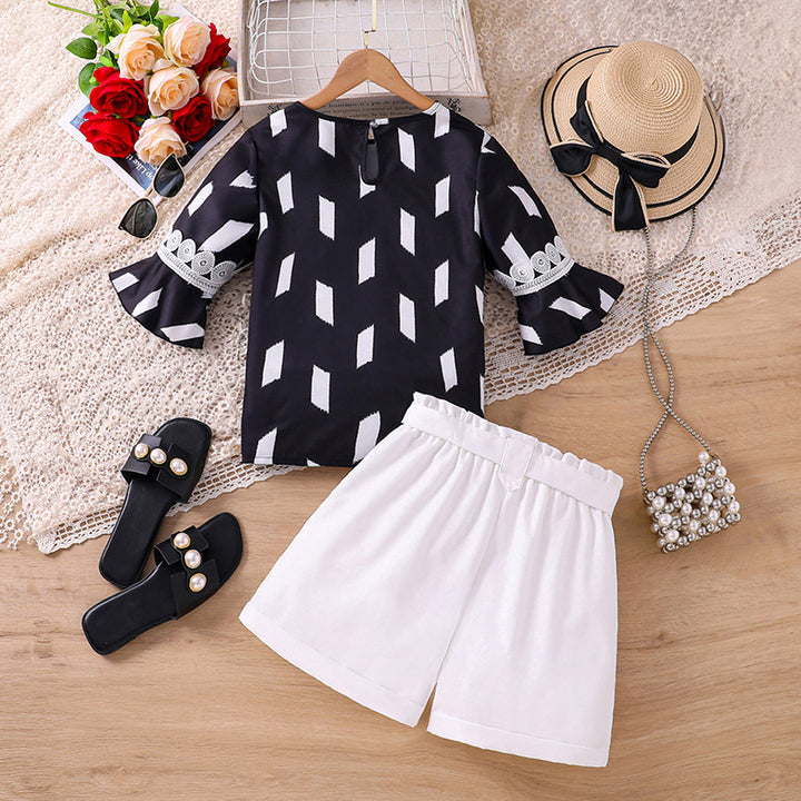 Girls Black & White Printed Top with Shorts