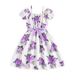 Girls Purple Shoulder Straps Floral Print Fit & Flare Dress