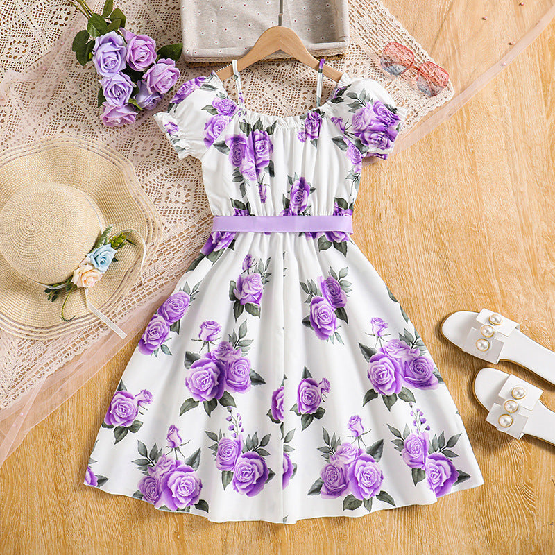 Girls Purple Shoulder Straps Floral Print Fit & Flare Dress