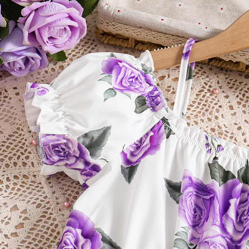Girls Purple Shoulder Straps Floral Print Fit & Flare Dress