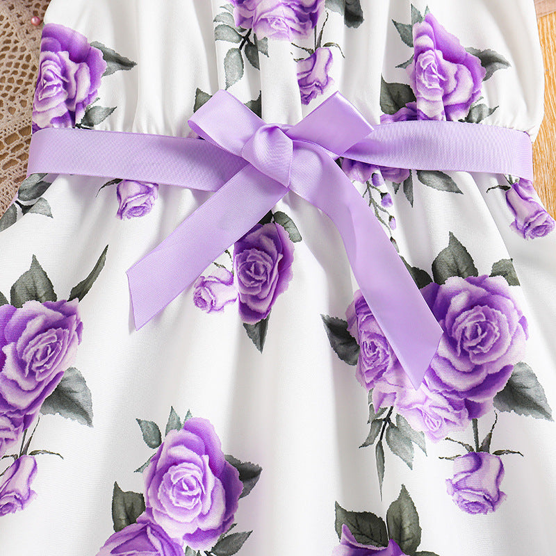Girls Purple Shoulder Straps Floral Print Fit & Flare Dress