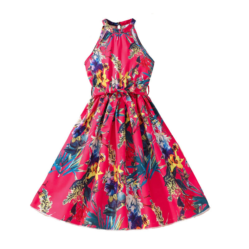 Fuchsia Pink & Blue Floral Print Halter Neck Maxi Dress