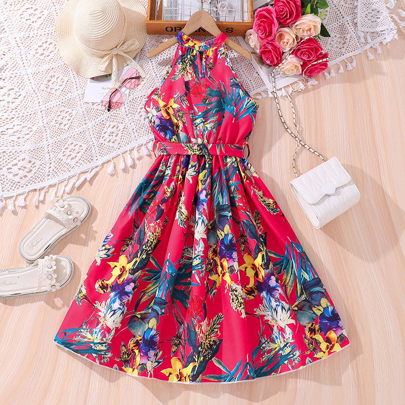 Fuchsia Pink & Blue Floral Print Halter Neck Maxi Dress