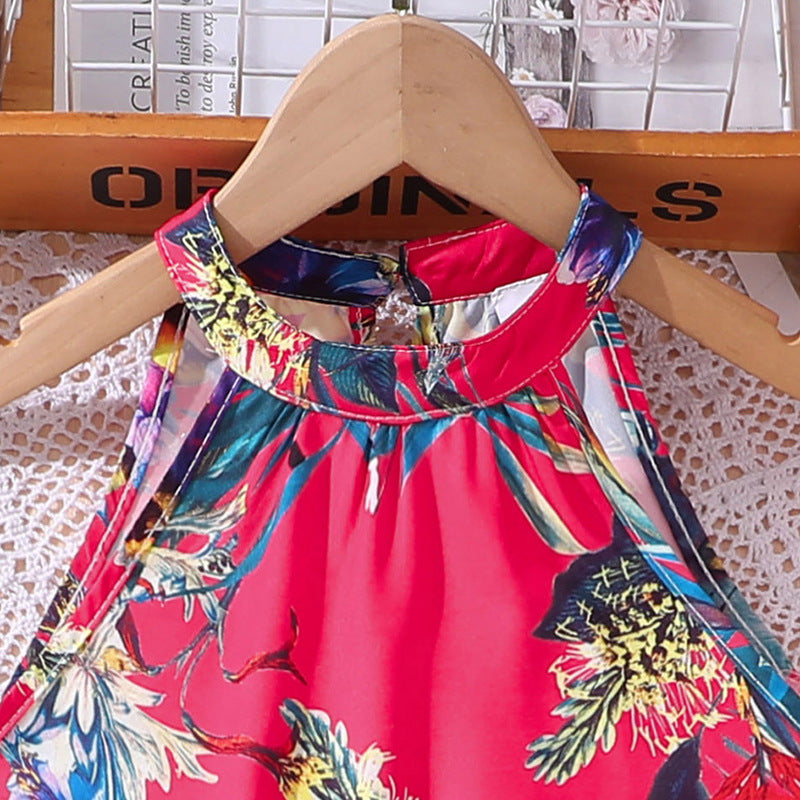 Fuchsia Pink & Blue Floral Print Halter Neck Maxi Dress