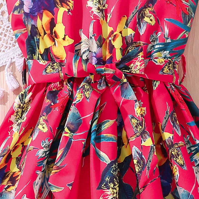 Fuchsia Pink & Blue Floral Print Halter Neck Maxi Dress