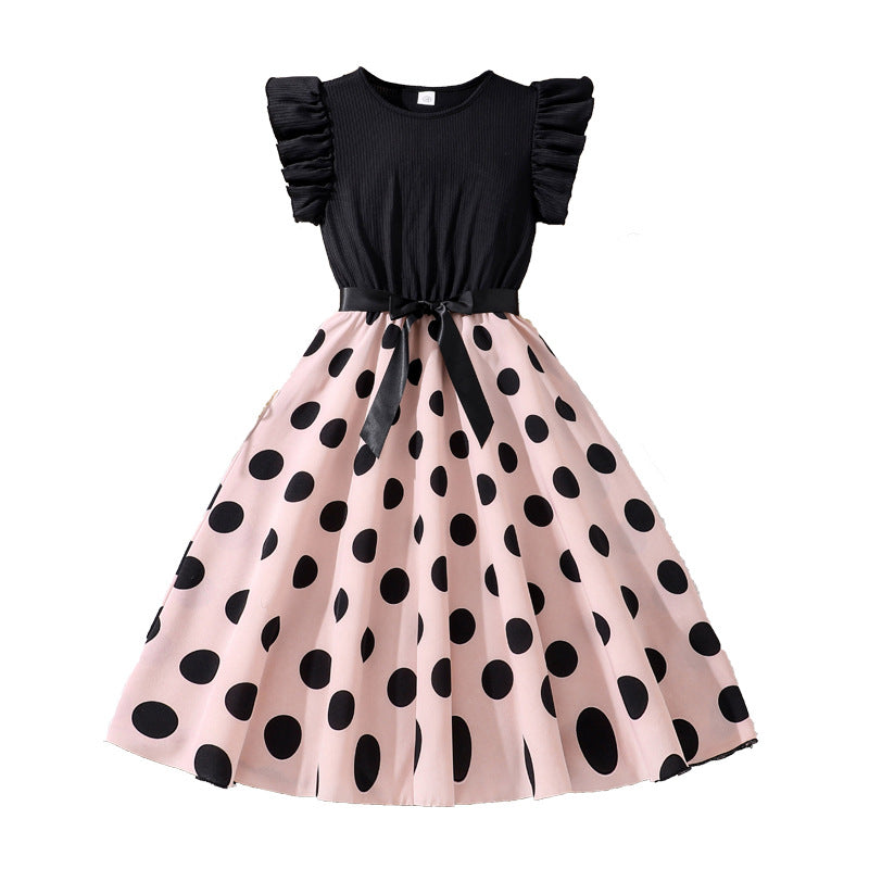 Girls Polka Dot Printed Flutter Sleeves Fit & Flare Maxi Dress