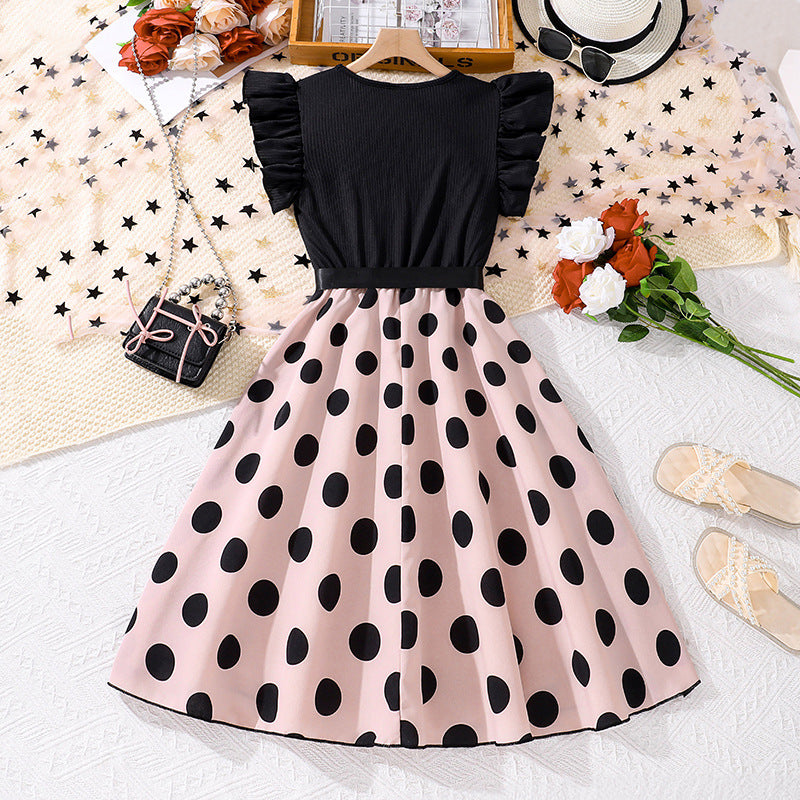Girls Polka Dot Printed Flutter Sleeves Fit & Flare Maxi Dress