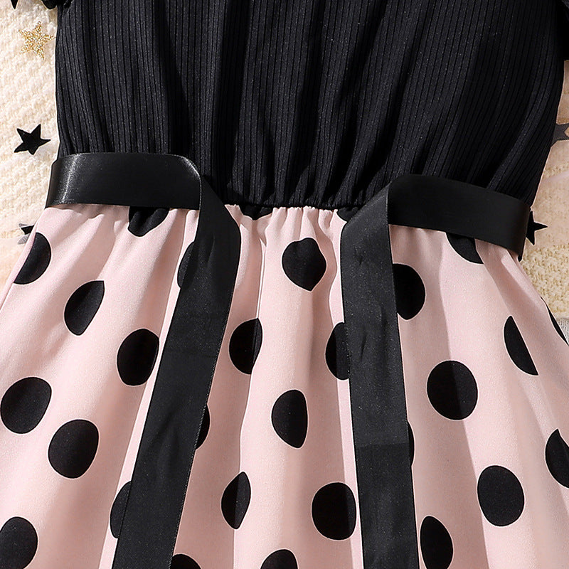 Girls Polka Dot Printed Flutter Sleeves Fit & Flare Maxi Dress