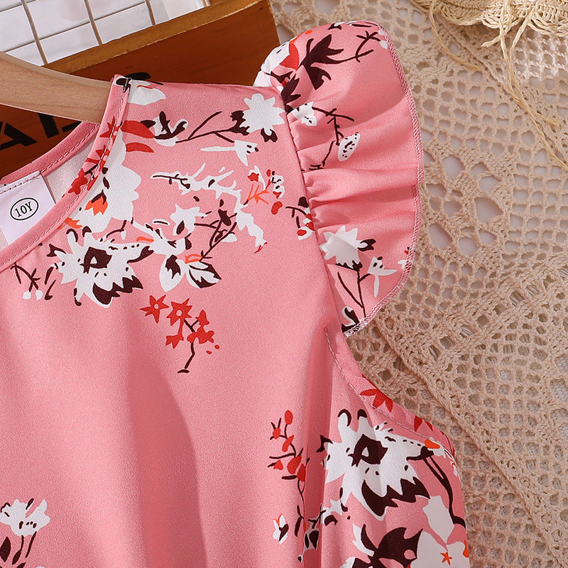 Girls Floral Printed Round Neck Fit And Flare Maxi Dress