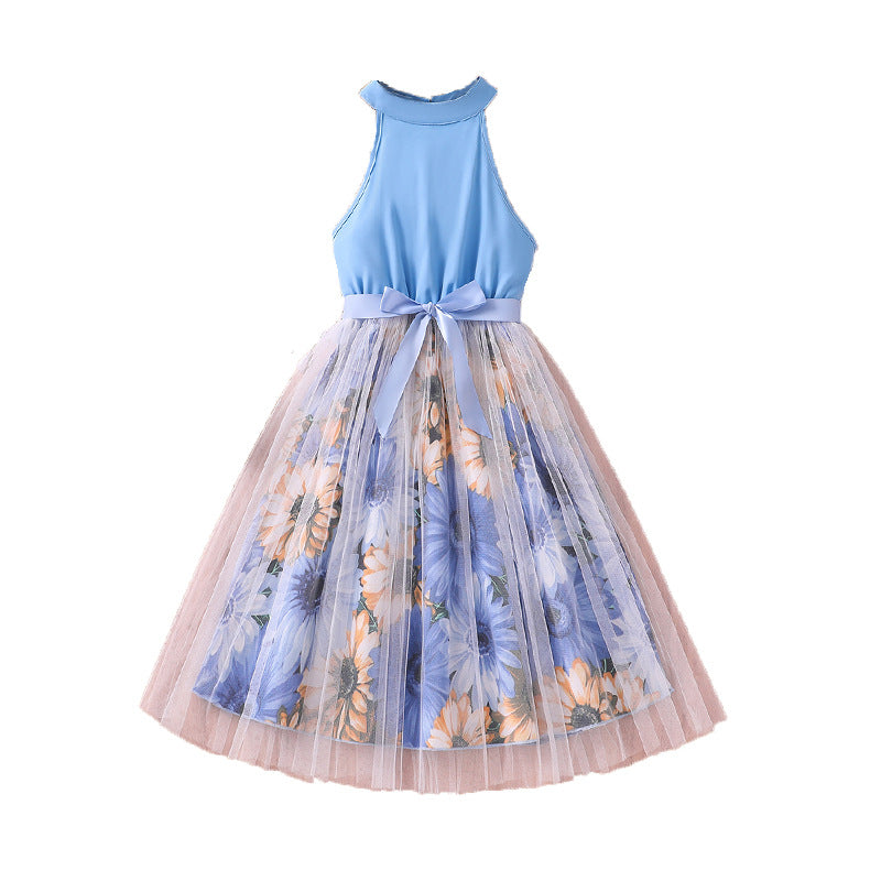 Girls Blue & White Floral Print Halter Neck Maxi Dress