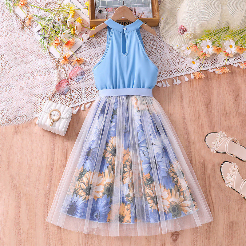 Girls Blue & White Floral Print Halter Neck Maxi Dress