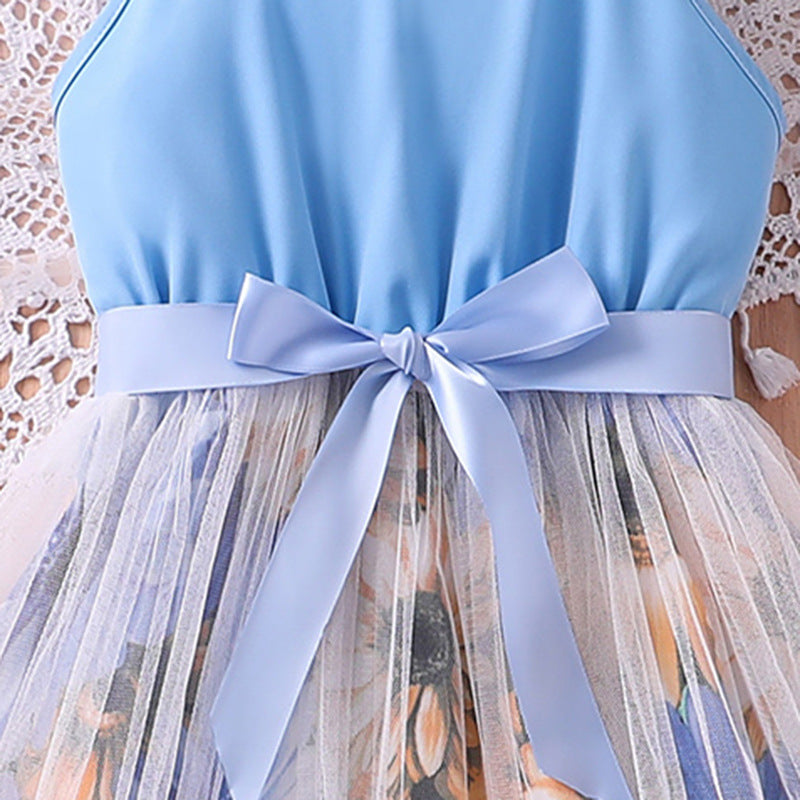 Girls Blue & White Floral Print Halter Neck Maxi Dress