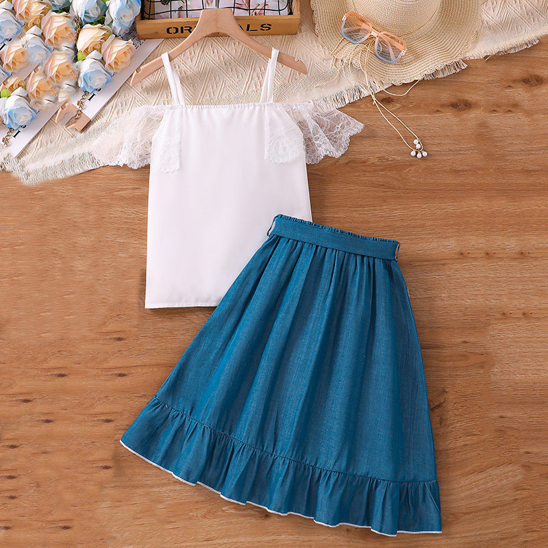 Girls Shoulder Straps Top with Skirt