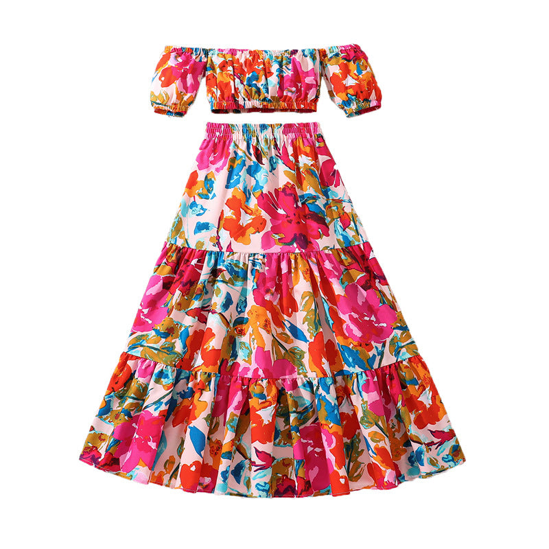 Girls Pink & Blue Abstract Printed Top with Skirt