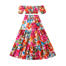 Girls Pink & Blue Abstract Printed Top with Skirt