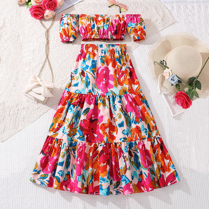 Girls Pink & Blue Abstract Printed Top with Skirt