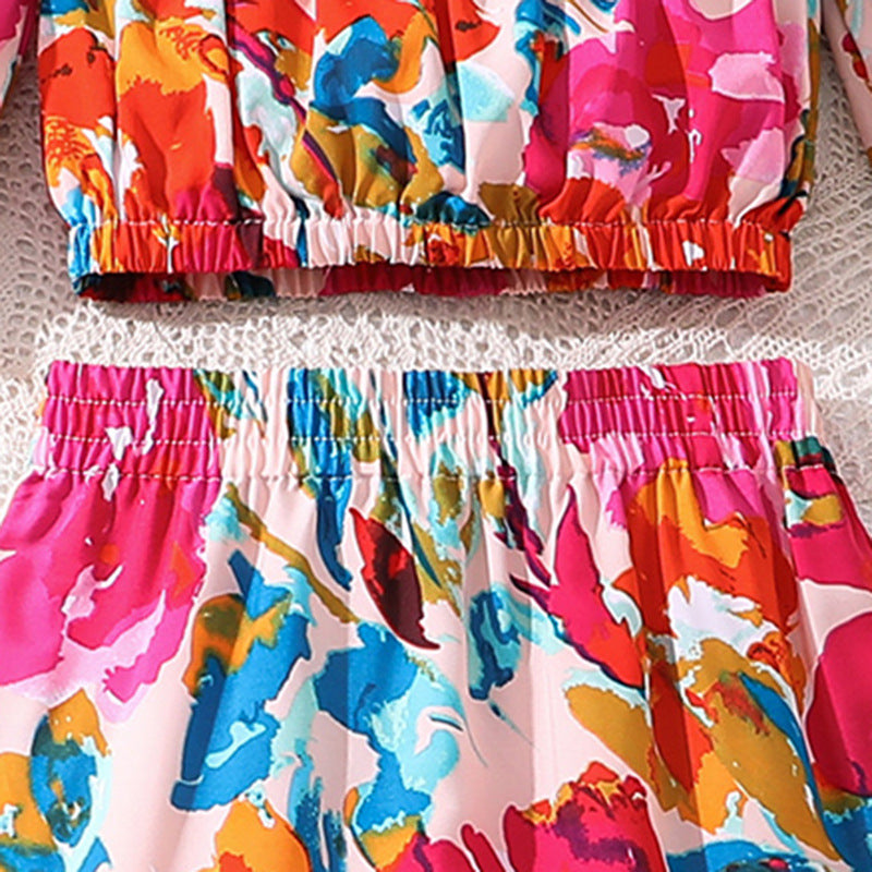Girls Pink & Blue Abstract Printed Top with Skirt