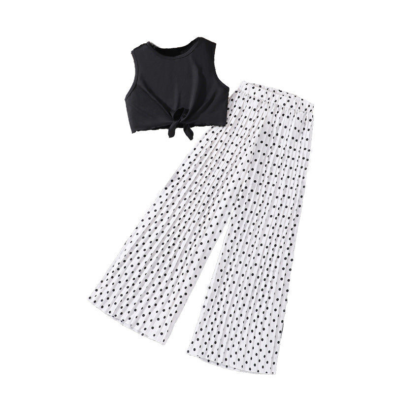 Girls Solid Printed Top with Polka Dots Printed Palazzos