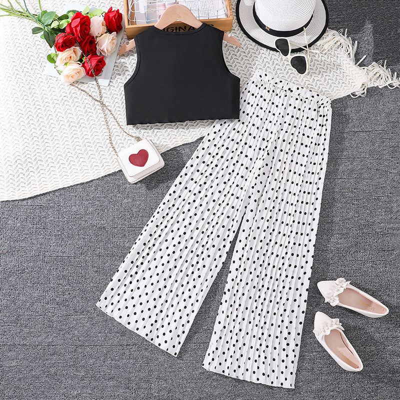 Girls Solid Printed Top with Polka Dots Printed Palazzos