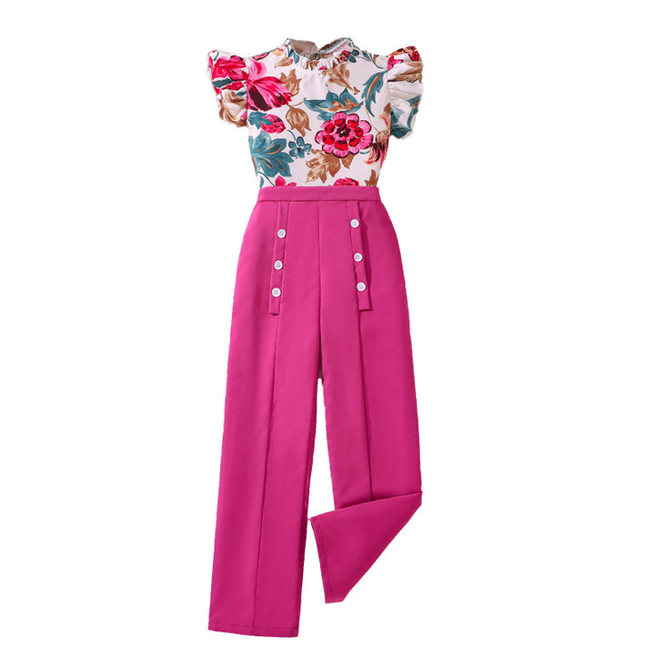 Girls Fuchsia Floral Printed Flutter Sleeves Ruffled Top With Palazzos
