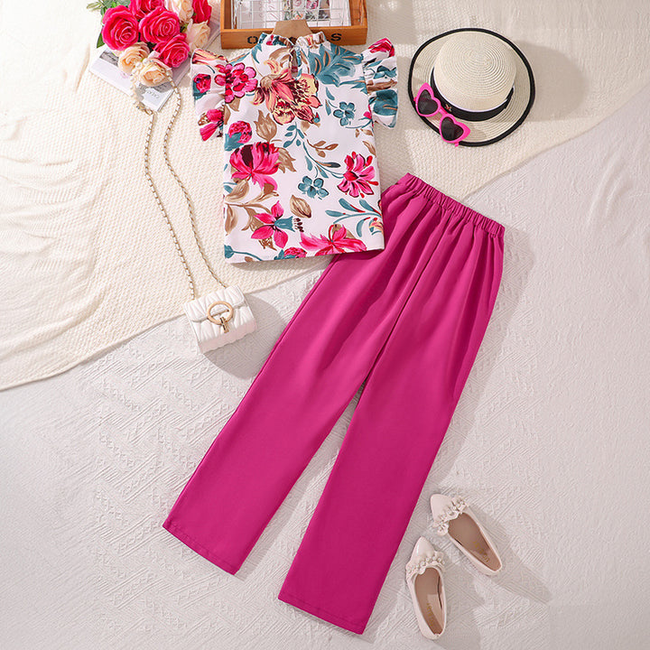 Girls Fuchsia Floral Printed Flutter Sleeves Ruffled Top With Palazzos