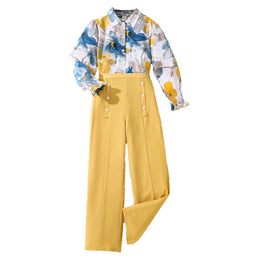 Girls Yellow Floral Printed Bishop Sleeves Casual Shirt With Palazzos