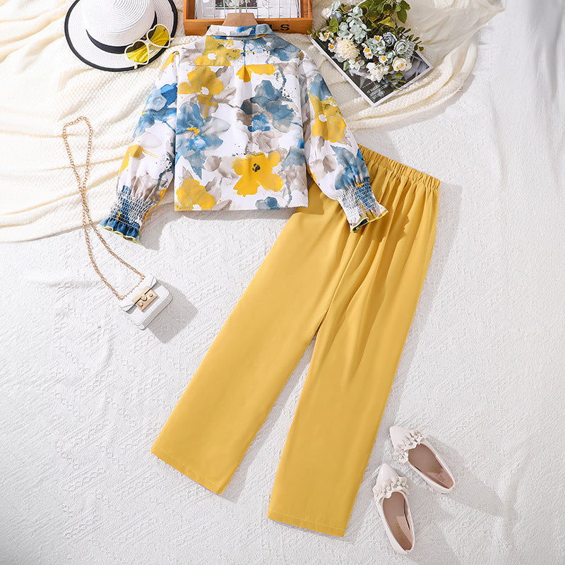Girls Yellow Floral Printed Bishop Sleeves Casual Shirt With Palazzos