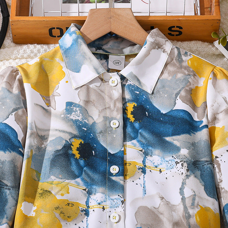 Girls Yellow Floral Printed Bishop Sleeves Casual Shirt With Palazzos