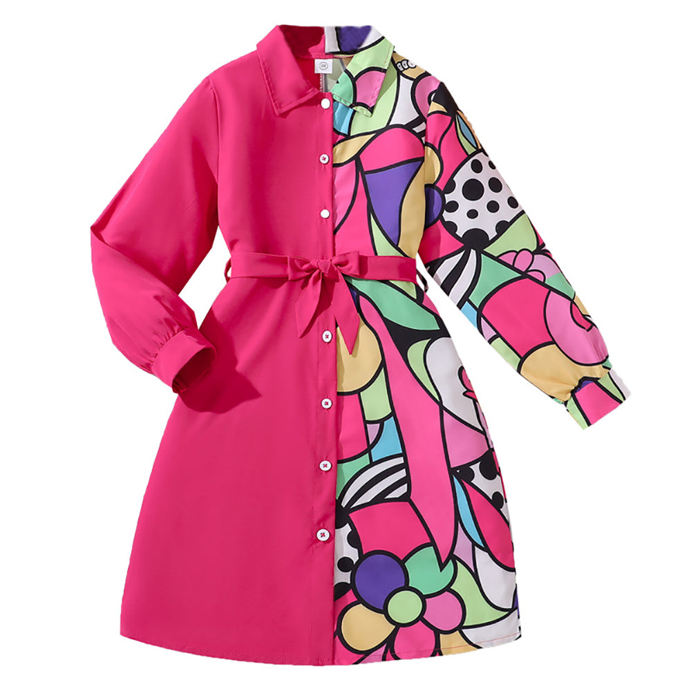 Girls Printed Shirt Collar Shirt Dress Comes with a belt
