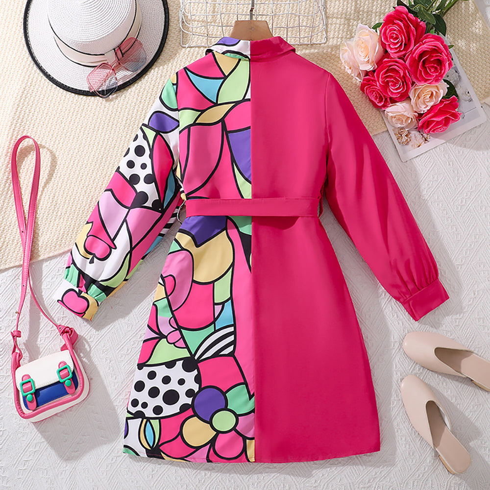 Girls Printed Shirt Collar Shirt Dress Comes with a belt