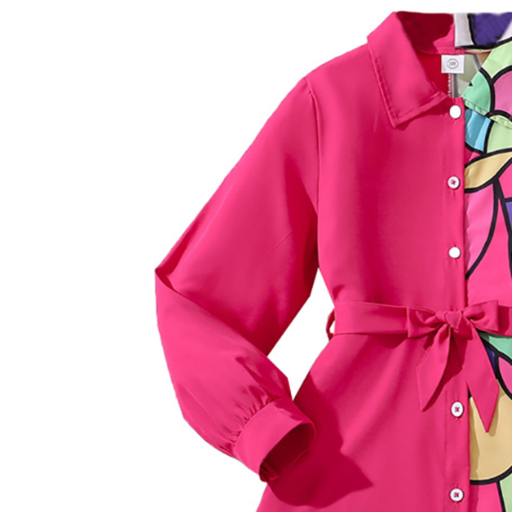 Girls Printed Shirt Collar Shirt Dress Comes with a belt