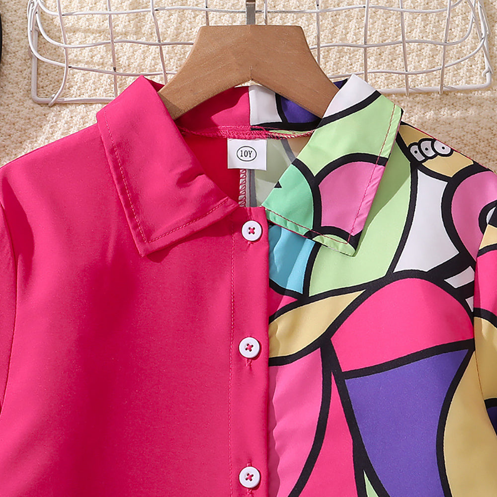 Girls Printed Shirt Collar Shirt Dress Comes with a belt