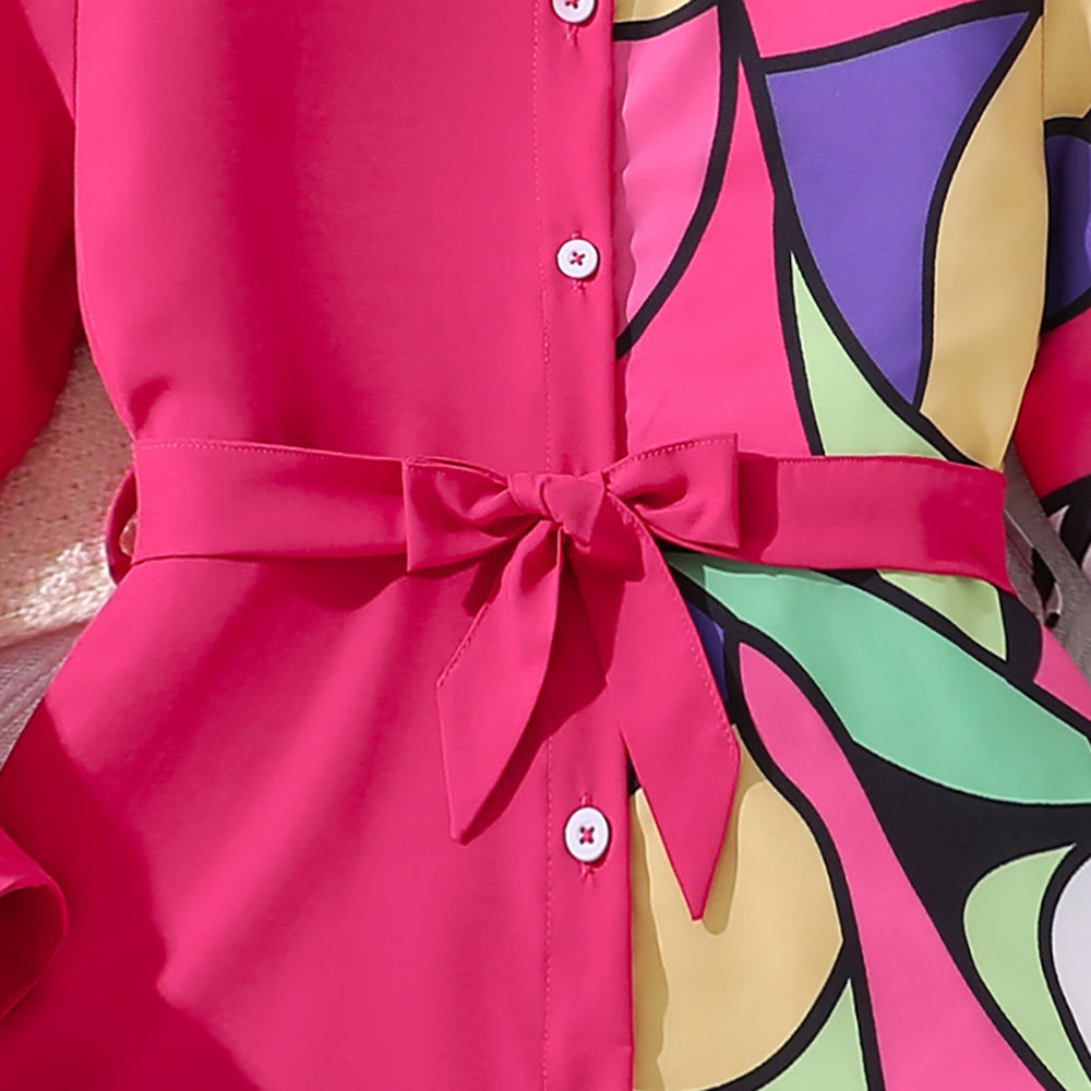 Girls Printed Shirt Collar Shirt Dress Comes with a belt