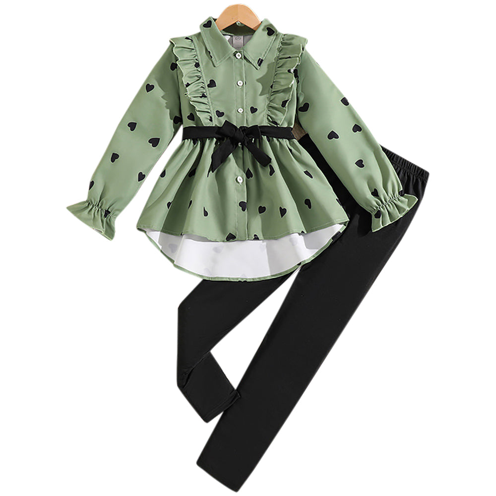 Girls Printed Shirt Collar Long Sleeves Top With Legging