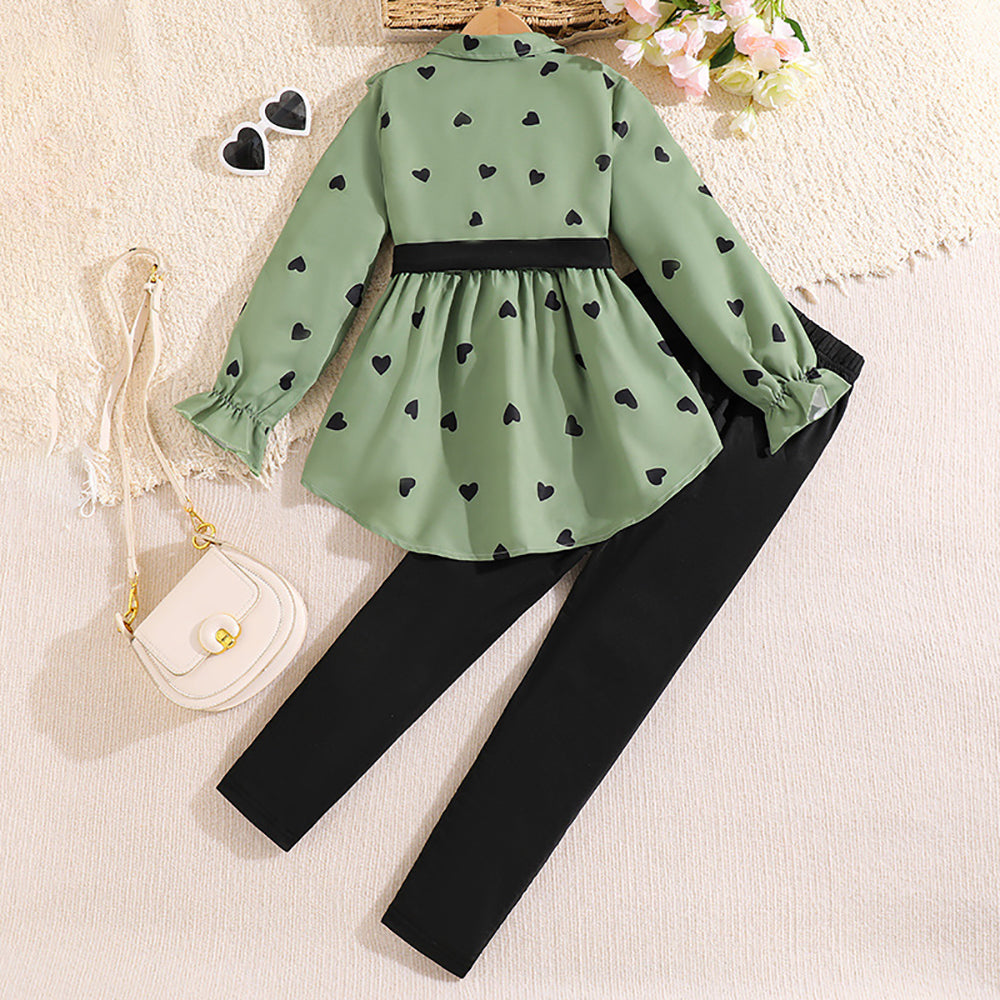 Girls Printed Shirt Collar Long Sleeves Top With Legging