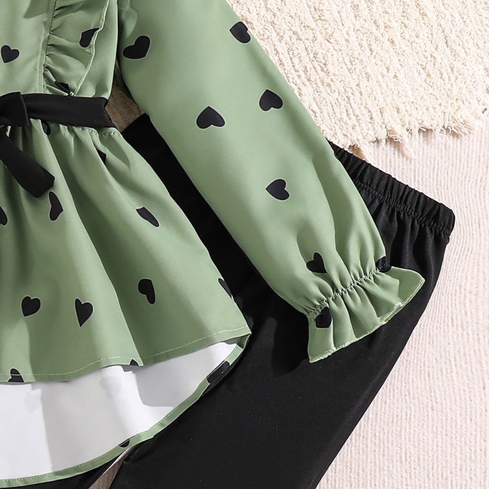 Girls Printed Shirt Collar Long Sleeves Top With Legging