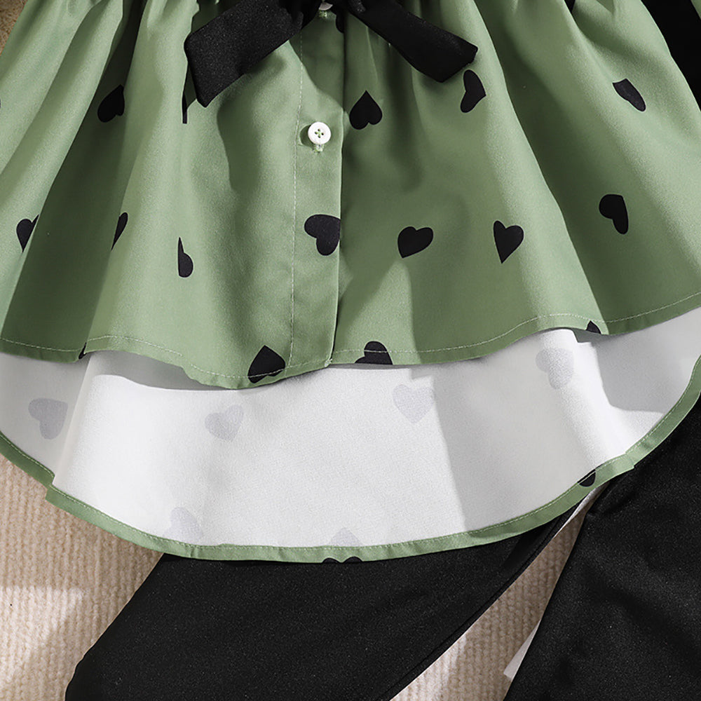 Girls Printed Shirt Collar Long Sleeves Top With Legging