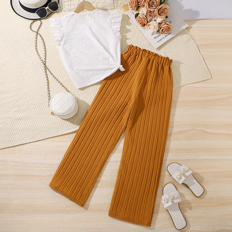 Girls Self Design Round Neck Top With Trouser