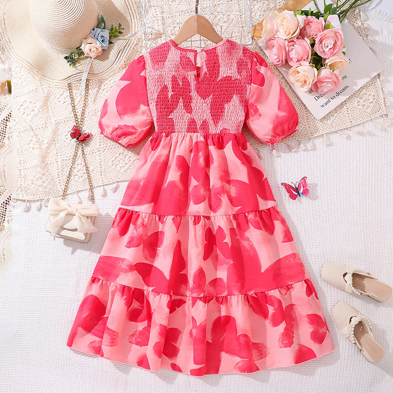 Girls Floral Printed Smocked Fit and Flare Dress
