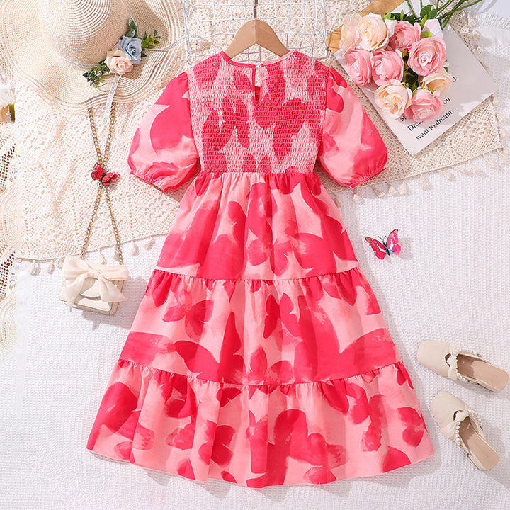 Girls Floral Printed Smocked Fit and Flare Dress