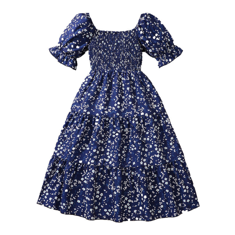 Girls Floral Printed Puff Sleeves Fit & Flare Midi Dress