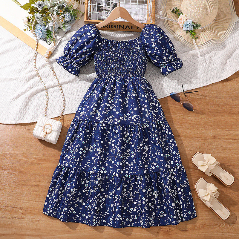 Girls Floral Printed Puff Sleeves Fit & Flare Midi Dress