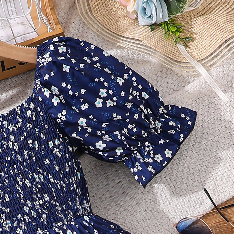 Girls Floral Printed Puff Sleeves Fit & Flare Midi Dress