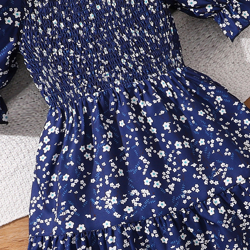 Girls Floral Printed Puff Sleeves Fit & Flare Midi Dress