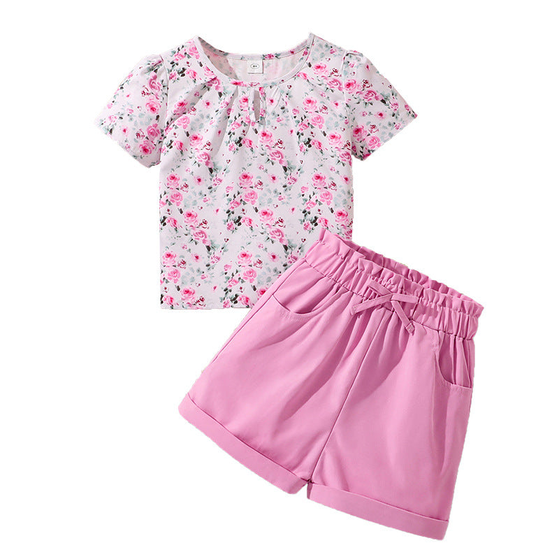 Girls Printed Round Neck Top With Shorts