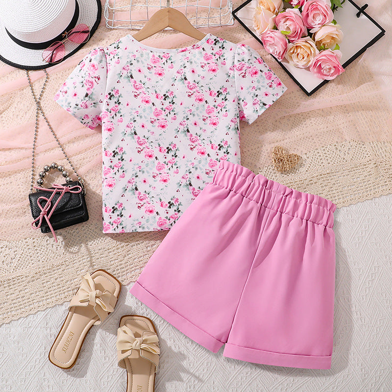 Girls Printed Round Neck Top With Shorts